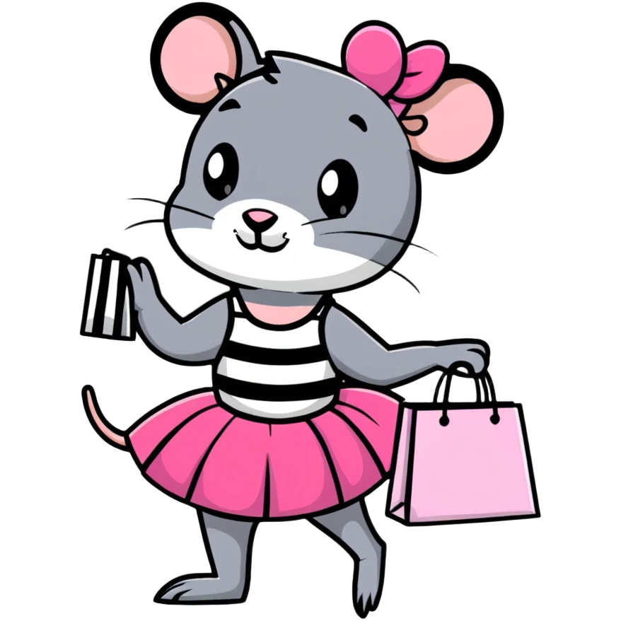 rat with a pink dress and tutu holding a black and white striped shopping bag emoji