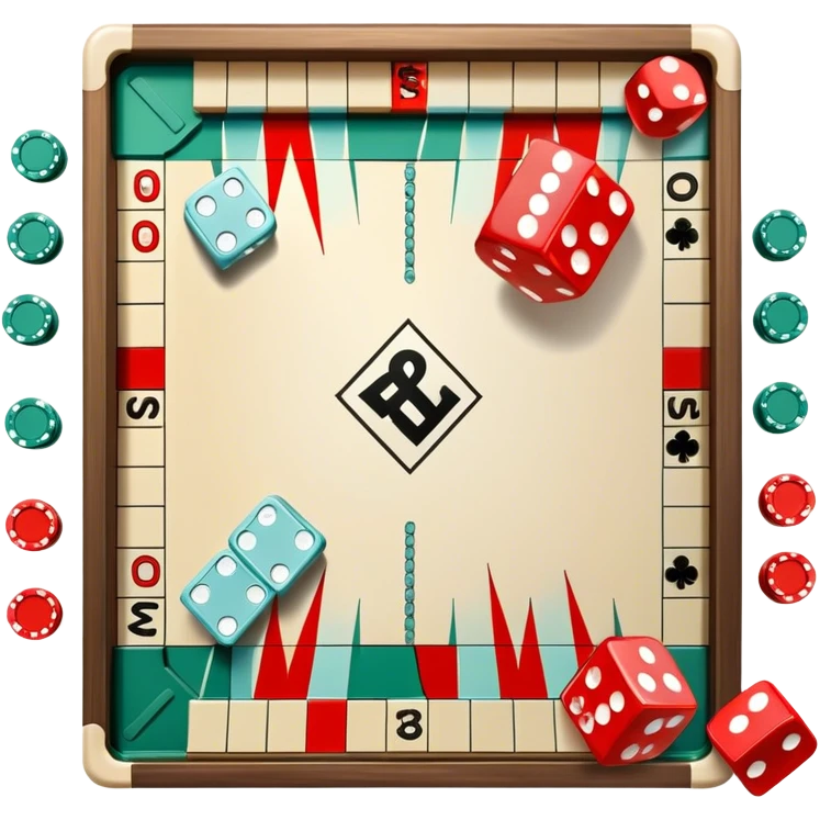 A photorealistic icon featuring a backgammon board with dice, a Monopoly board with money and property cards and a Game of Life spinner. The design captures the detailed textures of the boards, pieces, and accessories. Transparent background. emoji