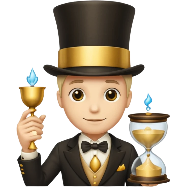 many hands in one, a top hat with a gold stripe, a golden hourglass, papers, a cup

 emoji
