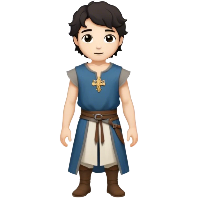 medieval summer outfit worn by a DnD themed fantasy male character. thin, sleeveless cotton tunic with a deep neckline and reinforced stitching around the shoulders. clothes only above the waist. The clothes full waist. The character's haven't arms. character is white-skinned, black hair, brown eyes, short wavy hair. emoji