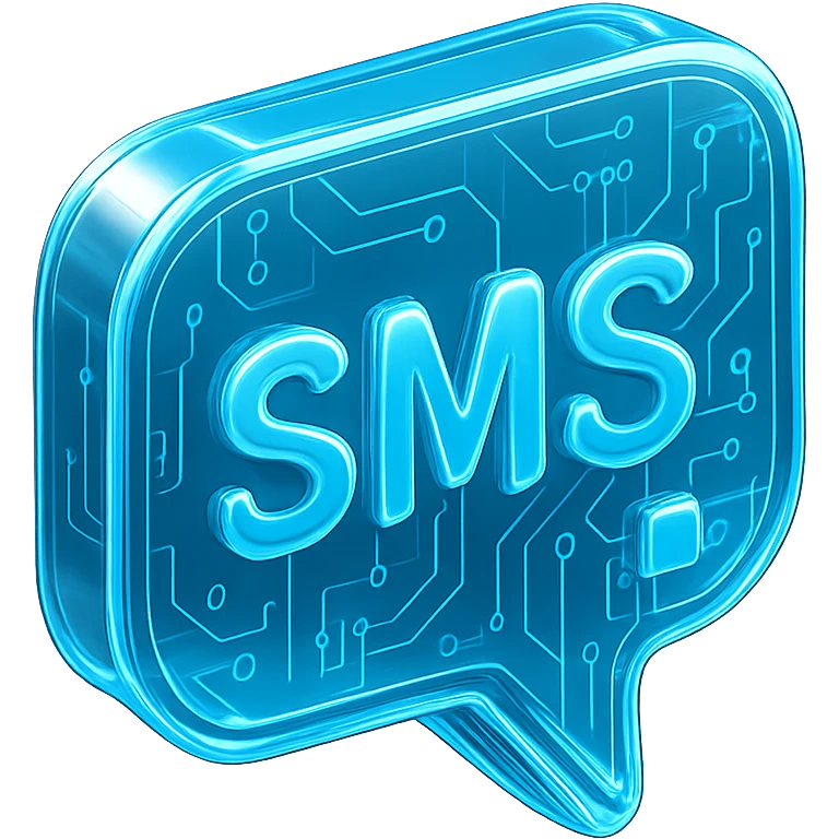 Futuristic SMS icon, glossy circuit style, luminous blue highlights, transparent background emoji