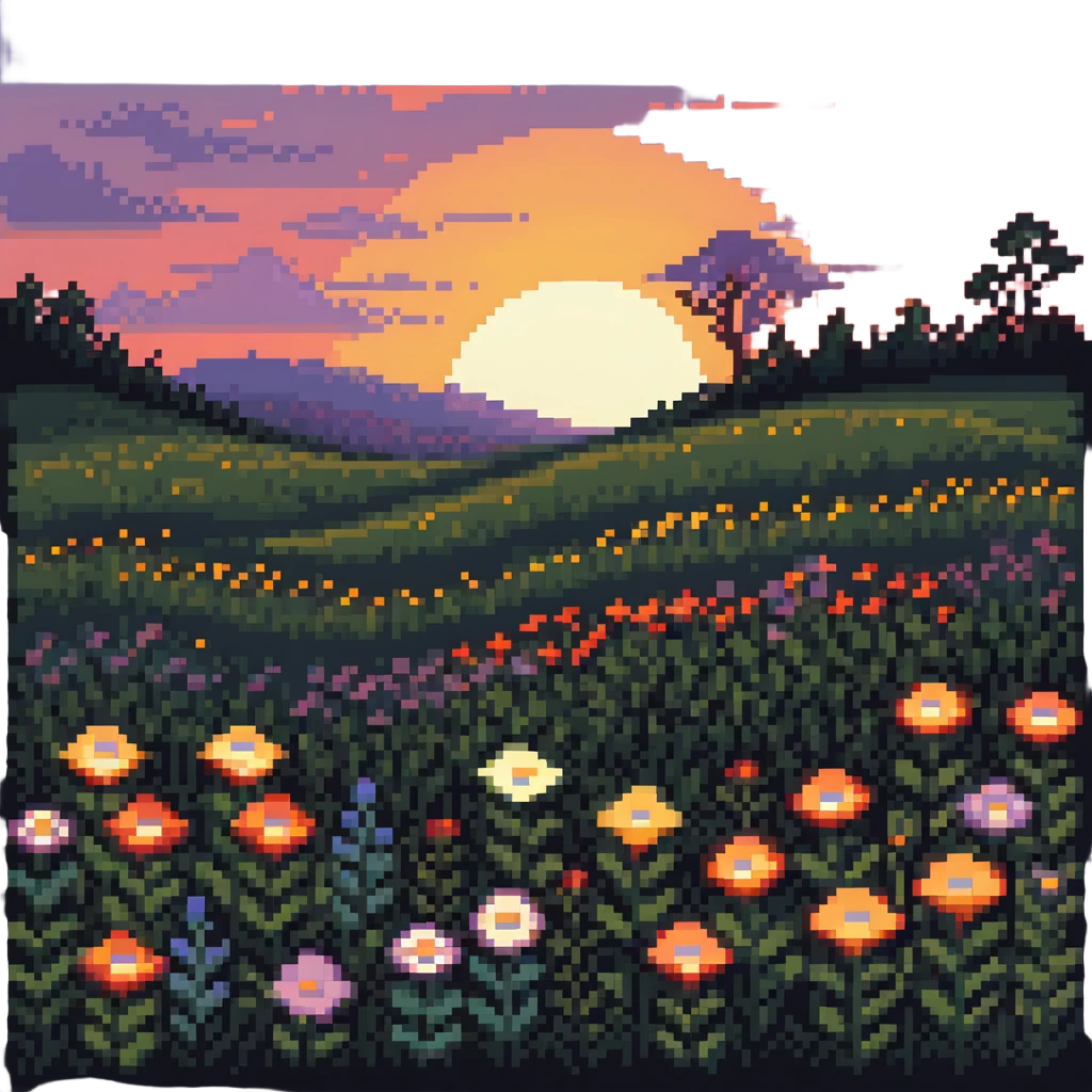 sunset over a meadow with flowers emoji