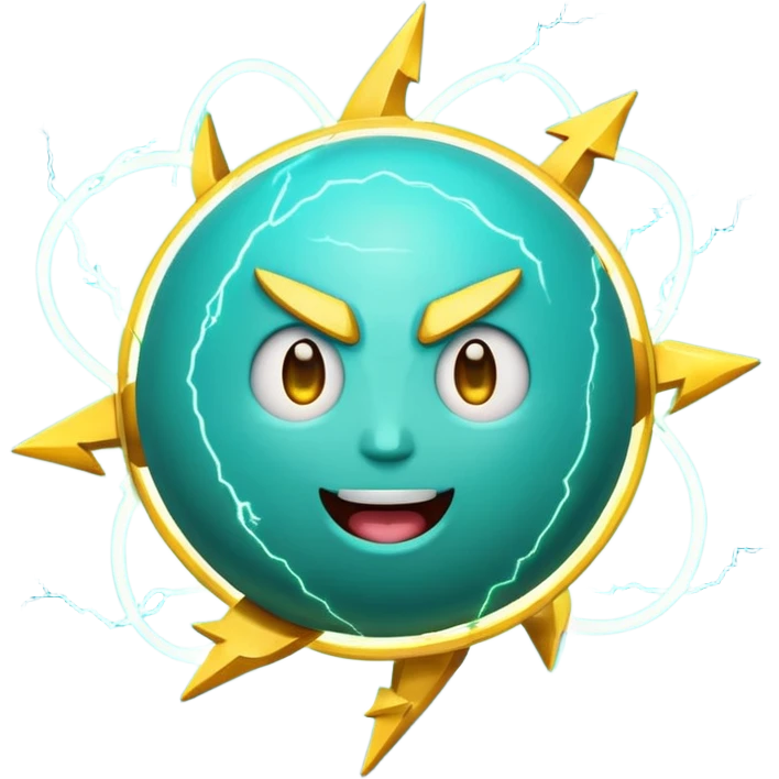 Uranus planet emoji in Apple-style, blue-green with dynamic rings, a large, fun, excited, and expressive face, and a big yellow lightning bolt in front, symbolizing chaotic and unexpected energy emoji