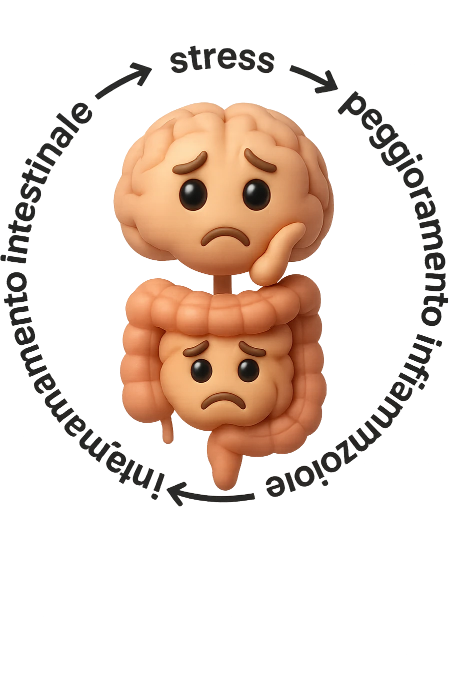 EMOJI STILE IPHONE 3D DI un cerchio con queste scritte che girano intorno "stress → peggioramento intestinale → aumento infiammazione → peggioramento sintomi intestinali e sistemici." al centro del cerchio metti un cervello e intestino umani collegati verticalmente con espressione dubbiosa in volto, FALLO MOLTO REALISTICO IN 3D emoji