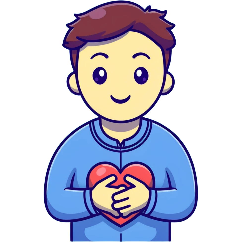 cartoon psychologist character hugging or holding a soft heart in front of chest, warm and gentle expression, pink red yellow palette emoji