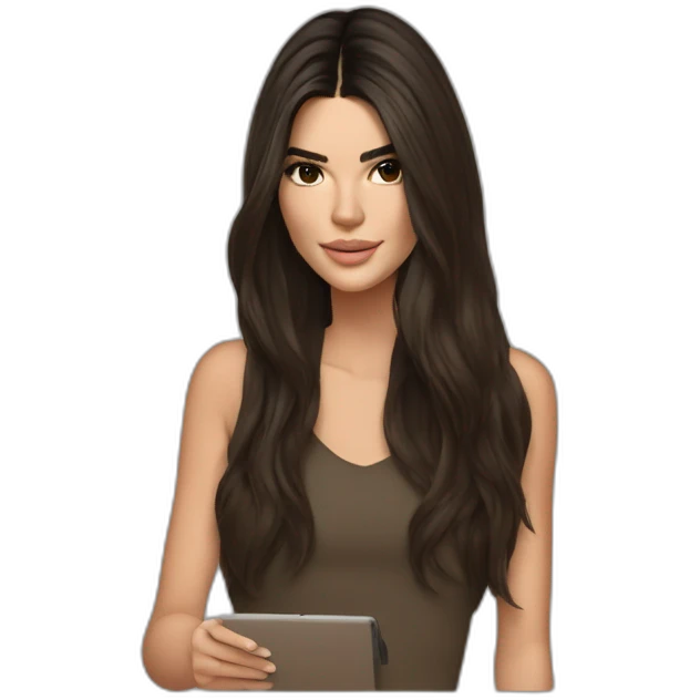 brunette Kendall Jenner with long hair holding iPad emoji