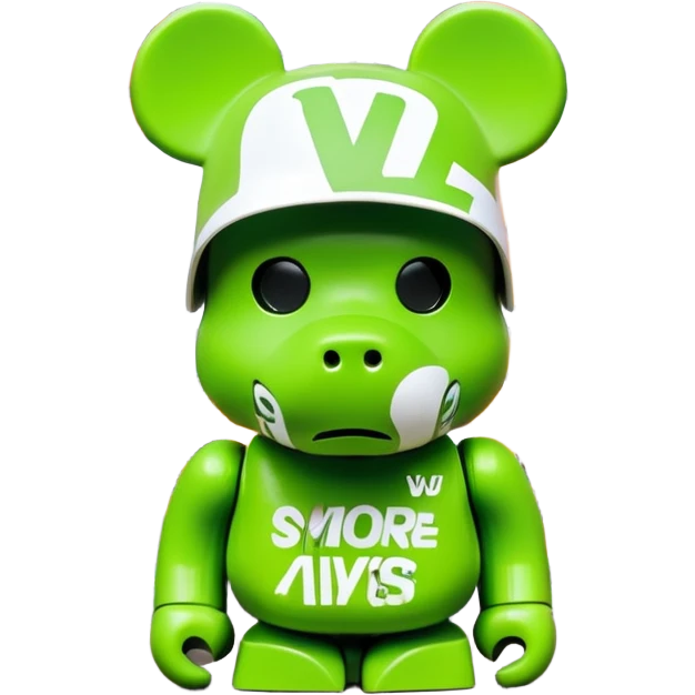 classic bearbrick figure with lime green mask filled with overlapping brand logos in wild graffiti style, street art aesthetic, many random logos like LV, Supreme, Nike all over the mask, bold eyebrows emoji