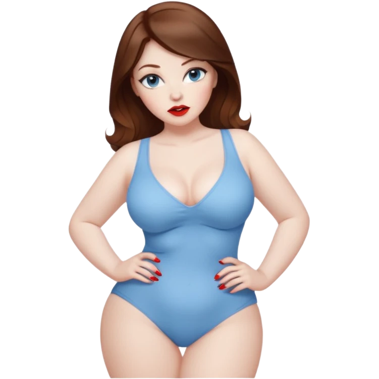 sexy mistress, brown hair, slutty outfit. curvy body. pale skin. pale blue eyes emoji