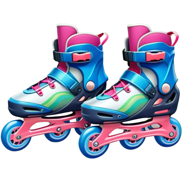 An icon featuring a pair of colorful inline rollerblades resting on a park path. The background showcases winding park pathways, lush green trees, and vibrant flowers along the way. The scene radiates a sense of freedom and outdoor activity under a clear blue sky. Transparent background emoji
