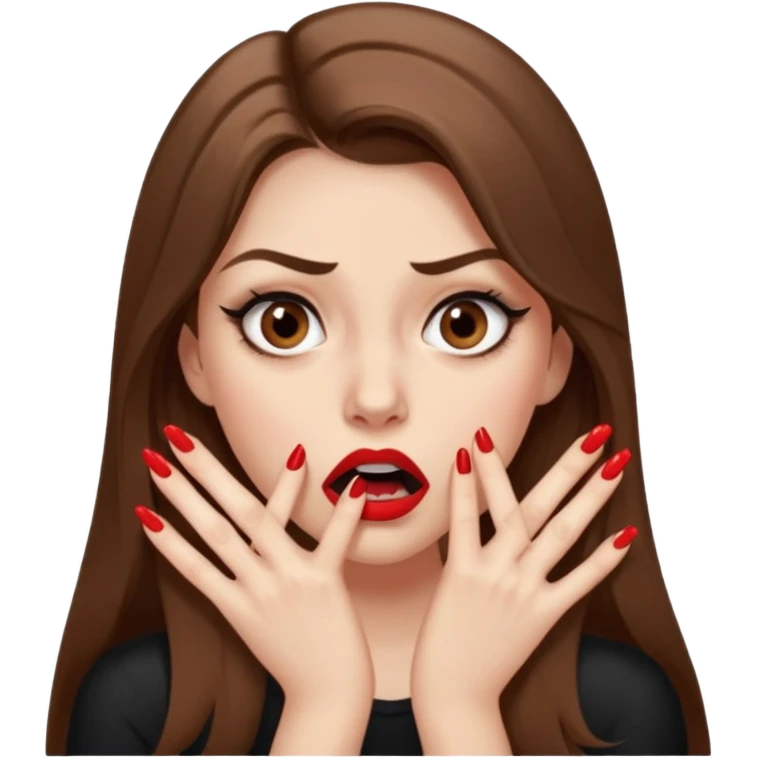 A girl with long brown hair, eyeliner, long lashes, light brown eyes, pale skin and red lipstick biting her nails looking terrified and very nervous. buts of bitten-off fingernail are flying everywhere emoji