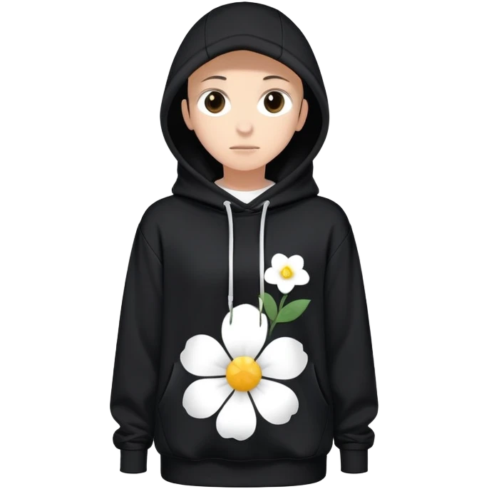 The BLACK Hoodie has a solid black base, accented with distinctive white open flower spots. Each flower has an empty space in the center, creating a hollow, ring-like appearance. These patterns are scattered across the hoodie for a bold and unique design. emoji