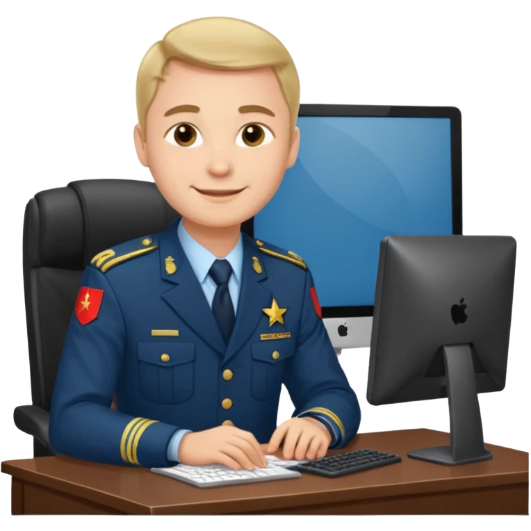 Мужчина в российской прокурорской форме, сидит за компьютером с улыбкой emoji