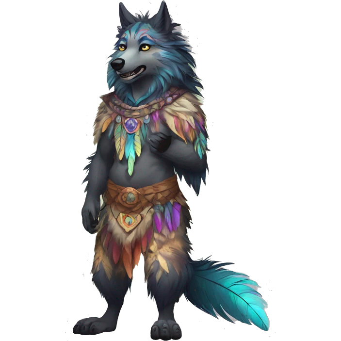 Anthro Fluffy Colorful Shy Spiritual Shamanic WereWolf-sona With Shiny Tribal Markings wearing feathers Full Body emoji