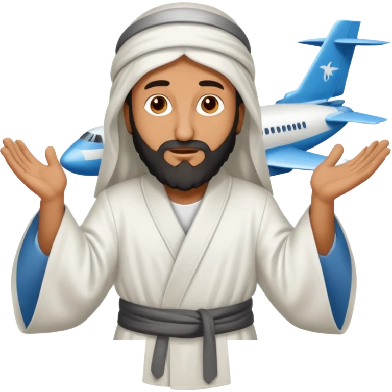 Osama bin Ladin standing on top of a plane with legs and a white robe standing on top of the plane emoji