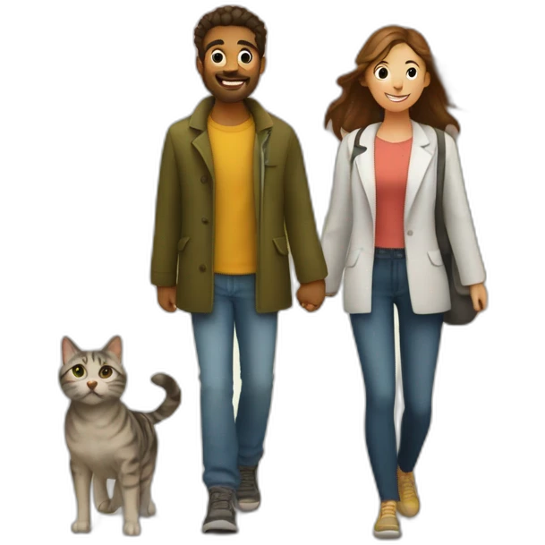 a couple of dog and cat phd student walking in park with dress emoji