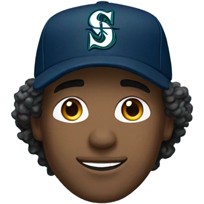 man with curly hair wearing blue Seattle Mariners baseball cap emoji