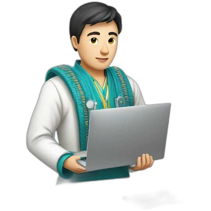 IT specialist man Kazakh in national clothes with laptop in hands emoji