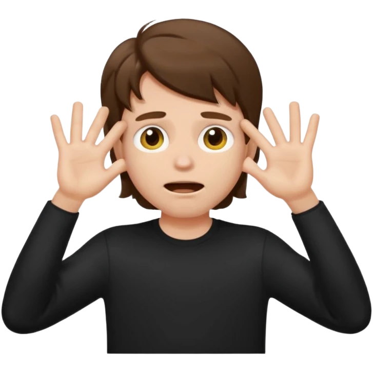 front view of a white boy with large brown hair, wide open eyes, wide open mouth, hands covering his eyes, wearing a black shirt, apple emoji style emoji