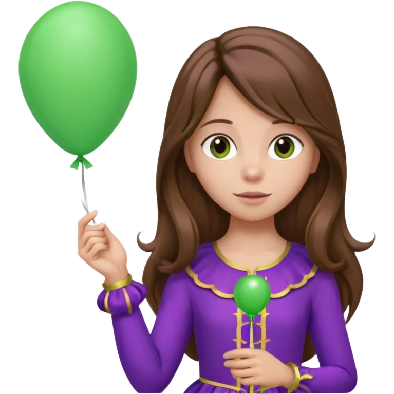 girl with long brown hair and purple costumes, holding green balloon emoji