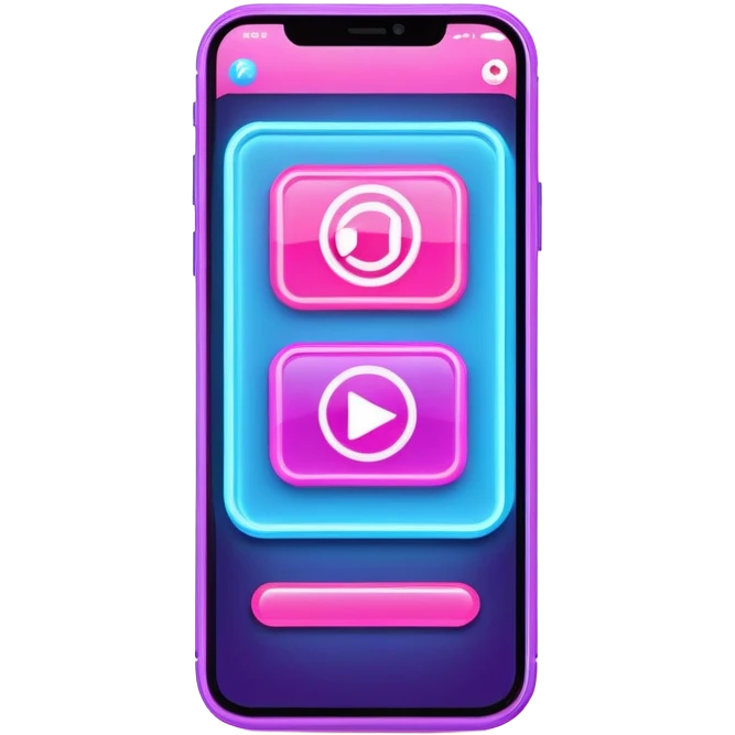 smartphone screen displaying video tutorial, pink and light blue colors, with neon glow lines, blue neon light on top left, purple neon light on bottom right emoji
