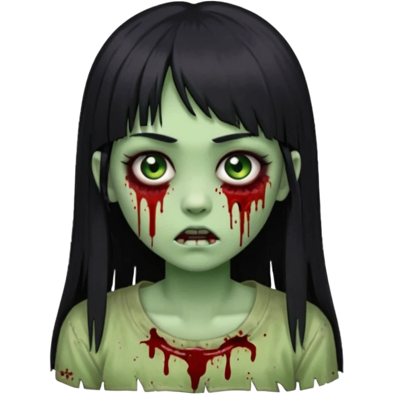 Emoji de uma garota com os cabelos longos, lisos e pretos. Ela usa uma franja curta que cobre toda a sua testa. Tem a pele esverdeada e ferimentos no rosto cobertos com sangue, usa uma blusa branca rasgada e suja de poeira. Ela é uma zumbi emoji