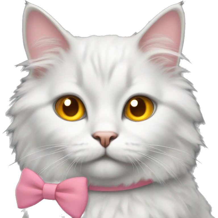 gray and white fluffy cat yellow and orange eyes with pink bow collar emoji