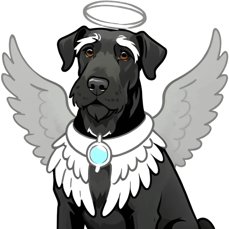 Black giant schnauzer wearing and angel halo and white angel wings emoji
