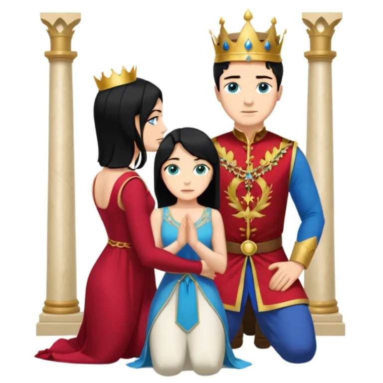 Man as king, black Hair, blue eyes, woman, blonde, green eyes, shott white sleveless Dress, kneeling, background palace emoji