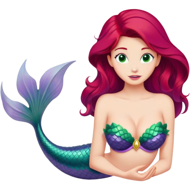 Ariel mermaid from waist up, distinct purple seashell bra, vibrant red hair, green tail hint, minimal style but very recognizable emoji