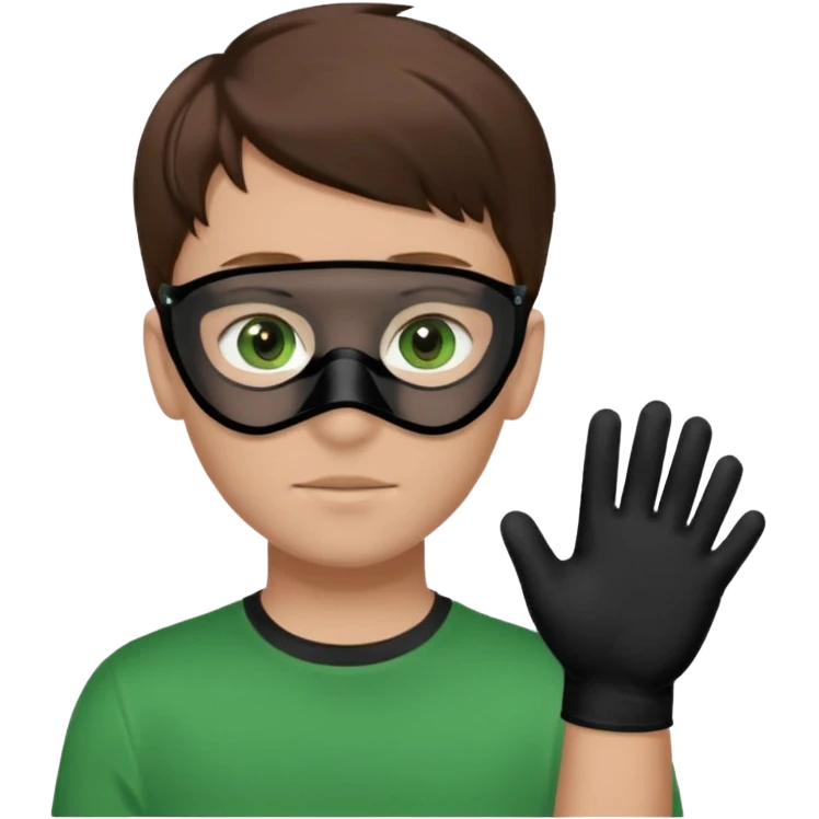 Chico de pelo marrón y ojos verdes. Con un cubre bocas negro, que tiene una camisa verde por encima de una remera blanca, y tiene un guante negro en una sola de las manos. emoji
