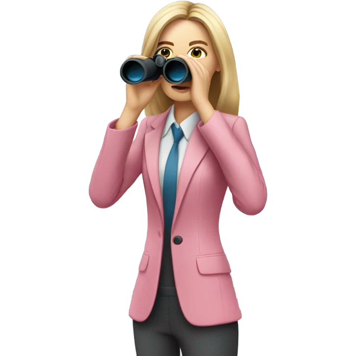 white female employee in pink suit using binoculars with long loose hair looking like secretary. must be like a portrait emoji