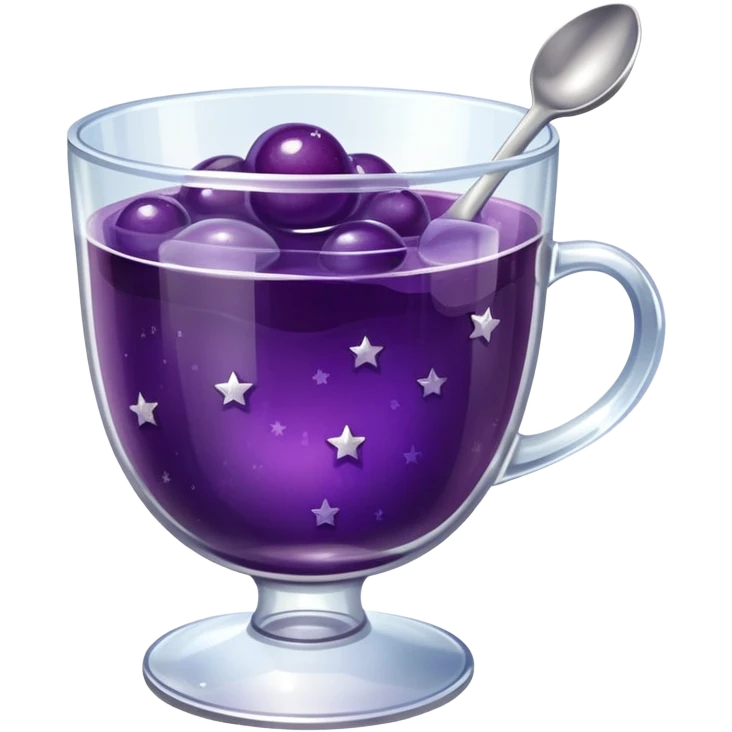 A shiny grape jelly dessert in a clear glass cup with a silver spoon, wobbly texture, little stars around it. emoji