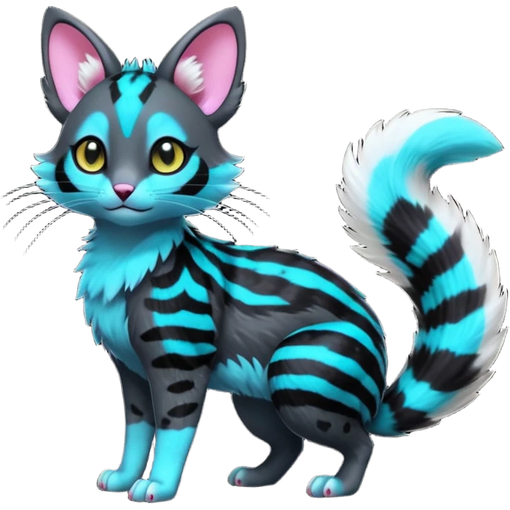  cute adorable pitch-Black-coated fur with glowing bioluminescent random colorful neon-markings divine beautiful elegant pretty precious cute young youthful  Fakémon-Pokémon-alien-opossum-feline-serval-caracal-chinchilla-Minccino-hybrid-creature with a big fluffy bushy striped tail (full body) emoji