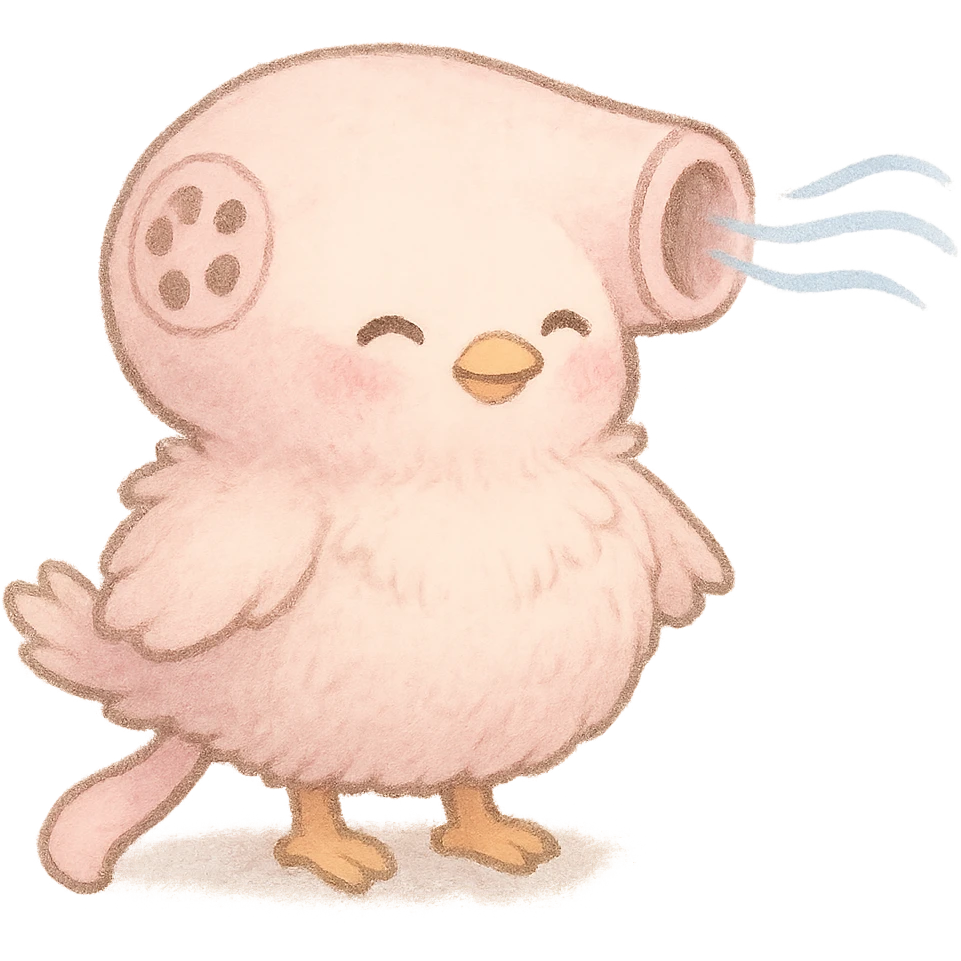 chibi hair dryer bird, soft fluffy, blowing gentle air, happy face, soft pink, full-body emoji