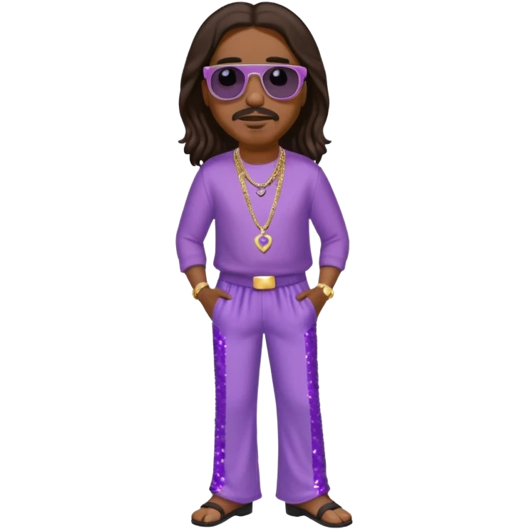 Stevie Wonder with long dark brown hair, lilac sequin baggy pants, shirtless with necklace emoji