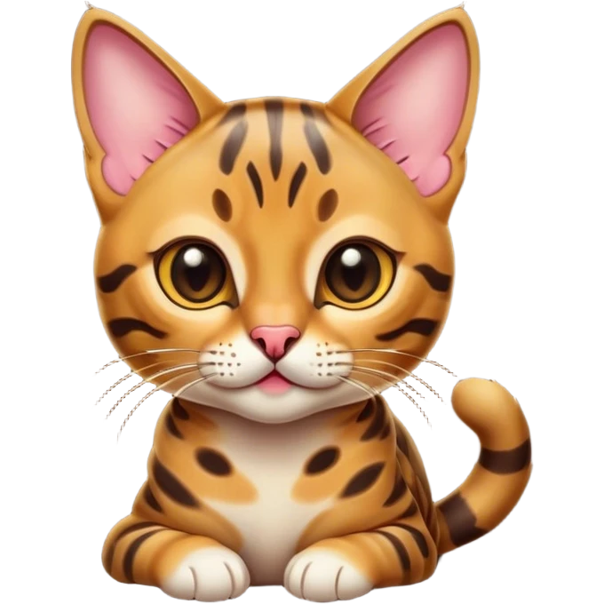 Cinematic Cute Bengal Cat Portrait Emoji, Playful and charming, sleek spotted brown and gold tones, Simplified yet adorable features, highly detailed, glowing with a warm, friendly glow, high shine, curious and affectionate, stylized with a touch of whimsy, bright and alert, soft glowing outline, capturing the essence of a mischievous yet loving kitten, so endearing it feels like it could pounce out of the screen and play! emoji