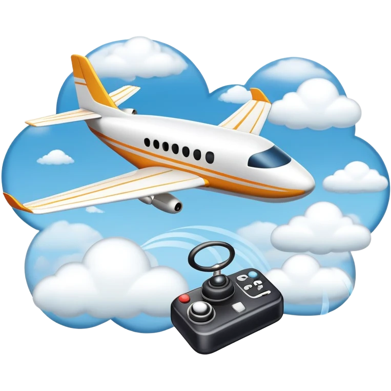 An icon featuring a remote-controlled model airplane soaring through the sky and clouds, with a detailed transmitter in the foreground. The sky is clear with motion lines showing flight. Transparent background emphasizes the precision, creativity, and joy of aeromodelling as a sport. emoji