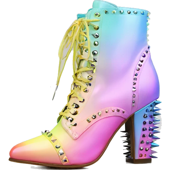Realistic isolated top front view of a pair of pastel Iridescent ombre studded spike heel ankle bootie boots.  emoji