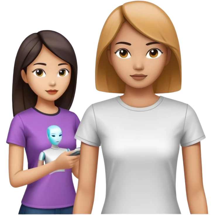 asian female clothing designer dressing normal T shirt, designing futuristic clothing on a headless mannequin emoji