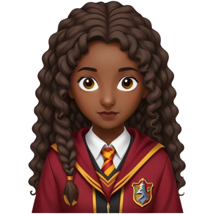 Alicia Spinnet in harry potter, wear hogwarts gryfindor uniform, long, dark, curly ponytail hair, dark skin emoji