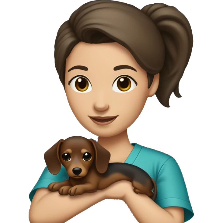 Brunette woman with a top knot wearing scrubs holding a dachshund in her arms emoji