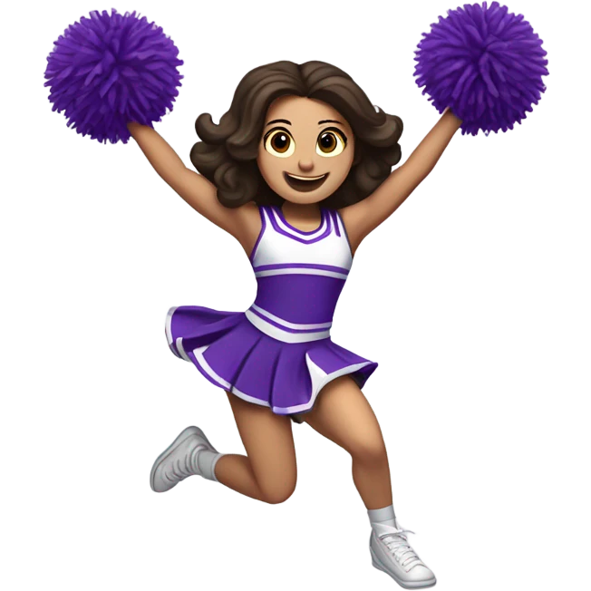 Caucasian cheerleader with long dark brown hair, jumping and holding up two purple Pom poms, small full body emoji emoji