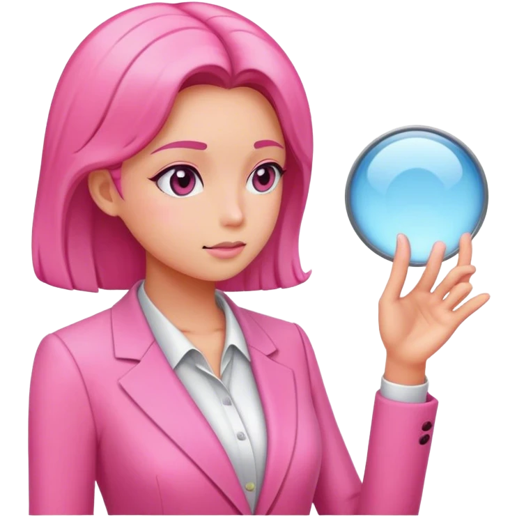 women in pink suit looking into filed glass emoji