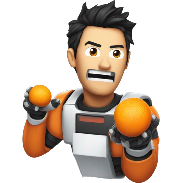 robot markiplier yelling at with an orange in one hand emoji