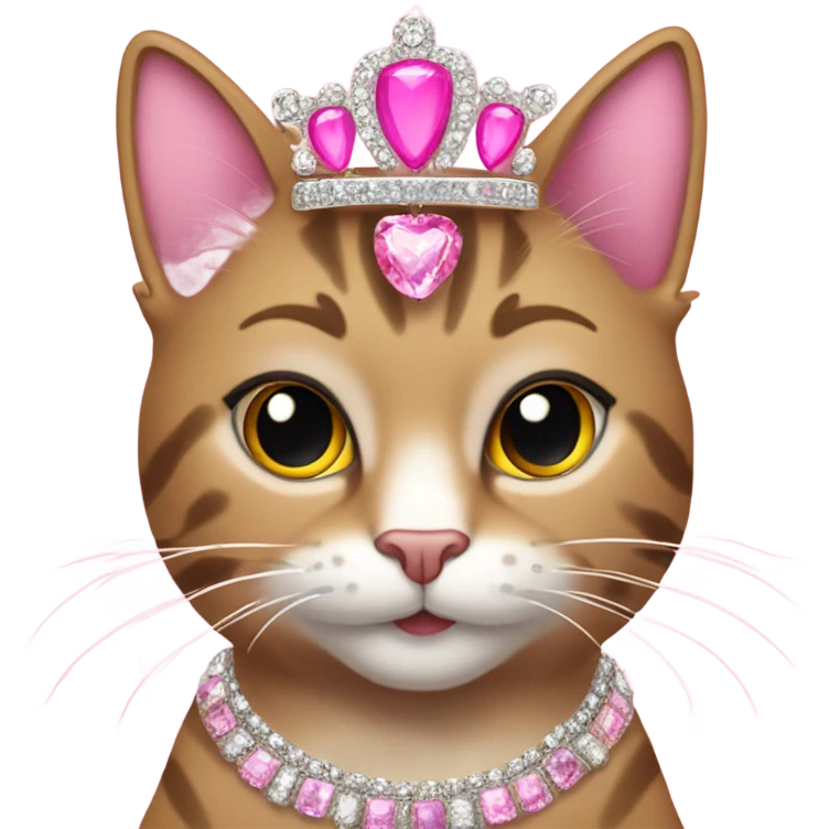 Tabby cat, big lashes, a pink tiara, glittery pink claws, glittery jewelry and earrings emoji
