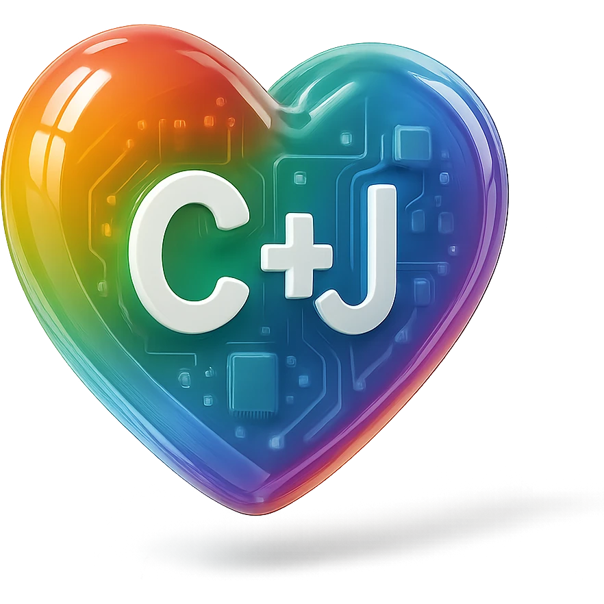 glossy rainbow heart featuring the initials 'C+J', modern and eye-catching, with a slight 3D effect emoji