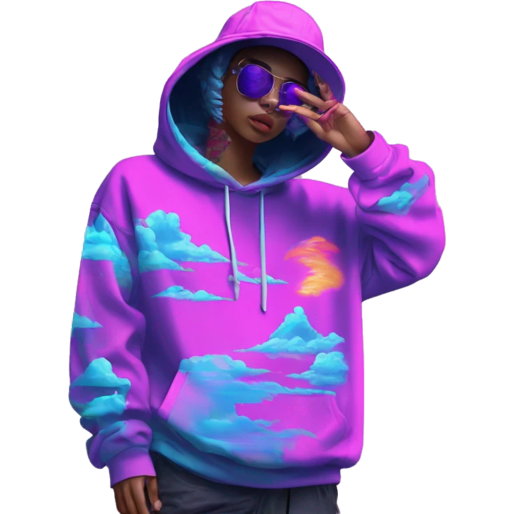 Multicoloured neon Vaporwave person smoking wearing hoodie dancing hip hop bucket hat tropical Skater fashion aesthetic baggy clothes graphic t shirt 420 emoji