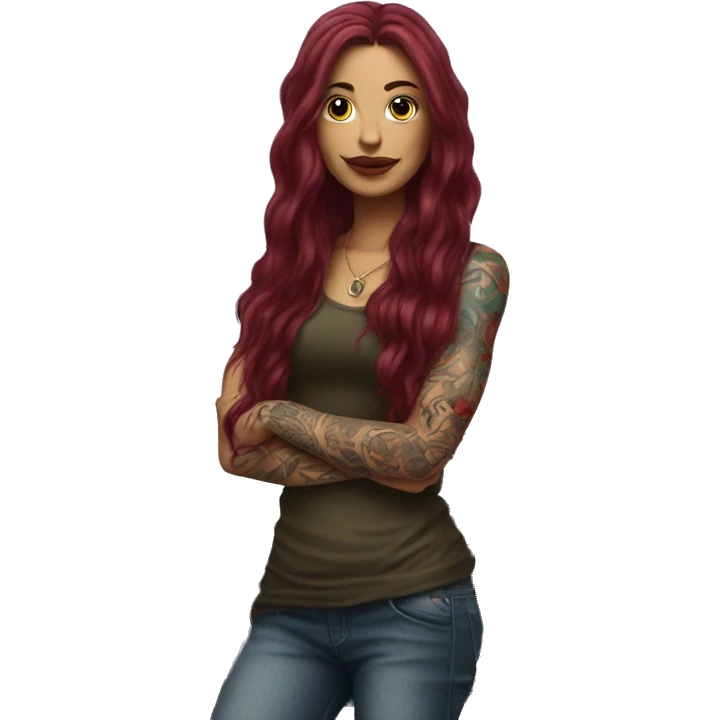 Beautiful tattooed burgundy long haired woman standing next to a car emoji