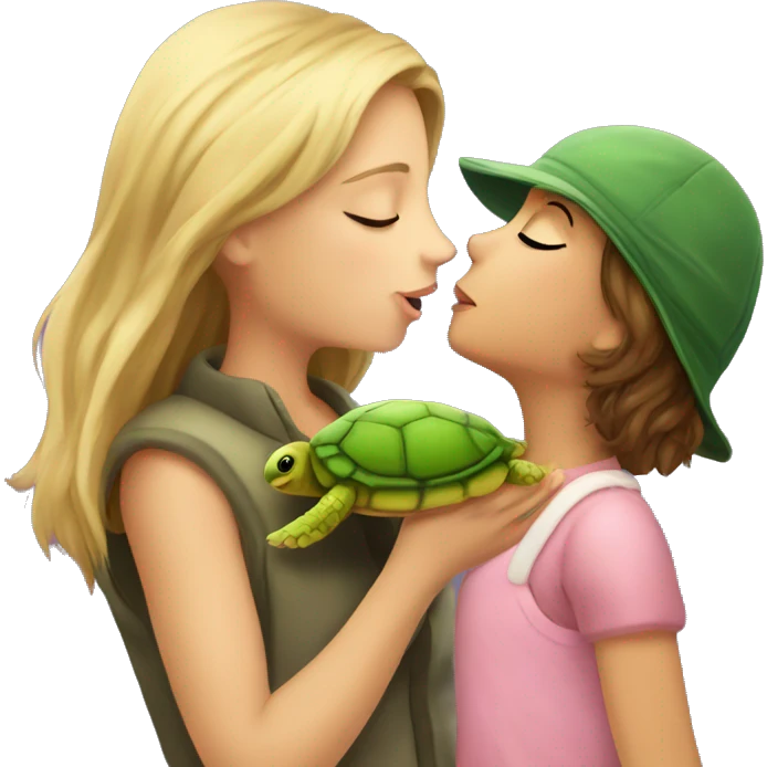 European girl kisses little turtle emoji