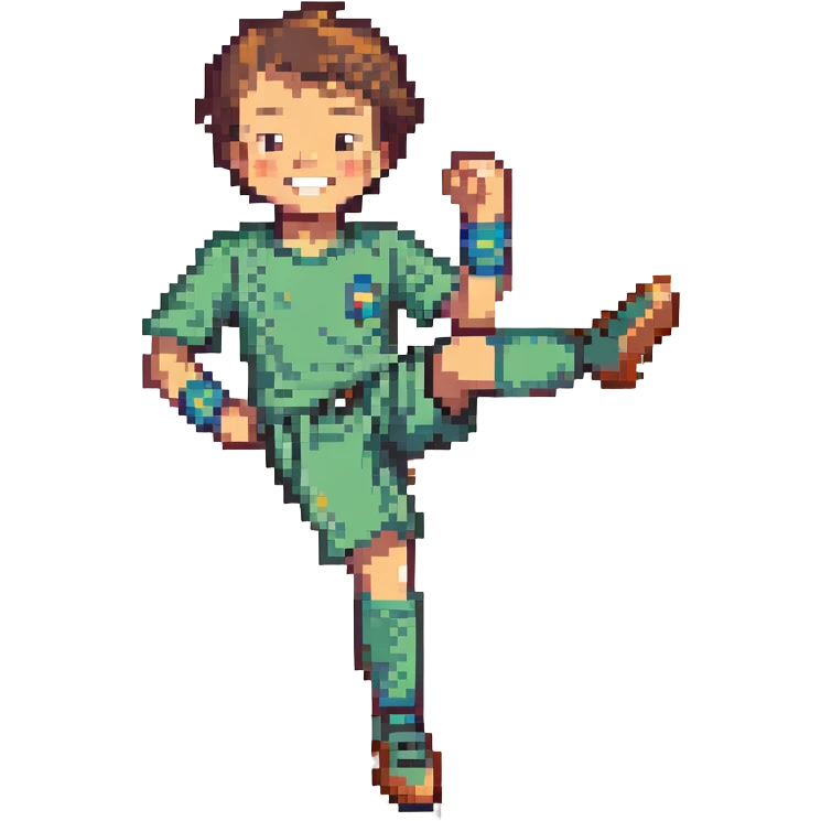 smiling 9-year-old boy playing soccer, mid-kick, pixel art style emoji